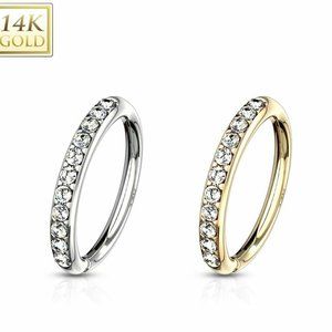 14kt Gold Single Lined CZ Nose Hoop Cubic Zirconia Diamonds Along 14kt Gold Hoop